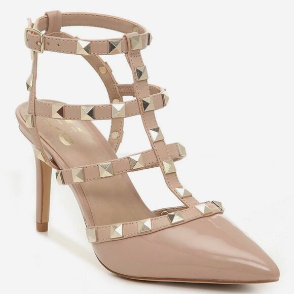 Tan Studded Ankle Strap Heels with Pointed Toe - Picture 1 of 8
